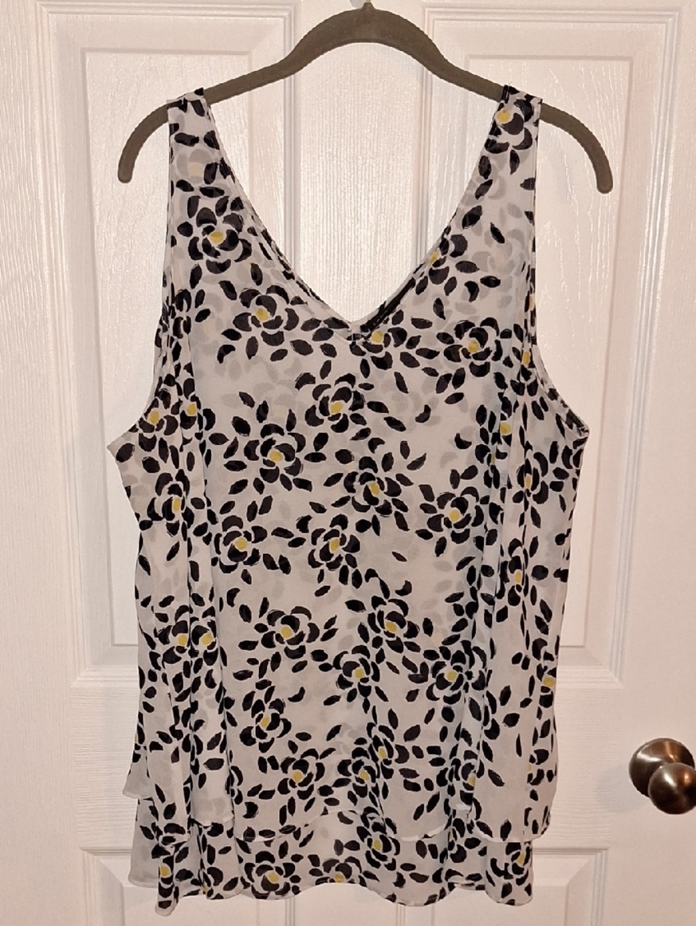 Lane Bryant White Floral-Print V-Neck Tank with Black and Yellow Accents